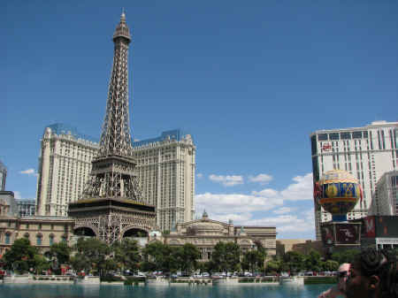 The Bellagio fountains with Paris in the background